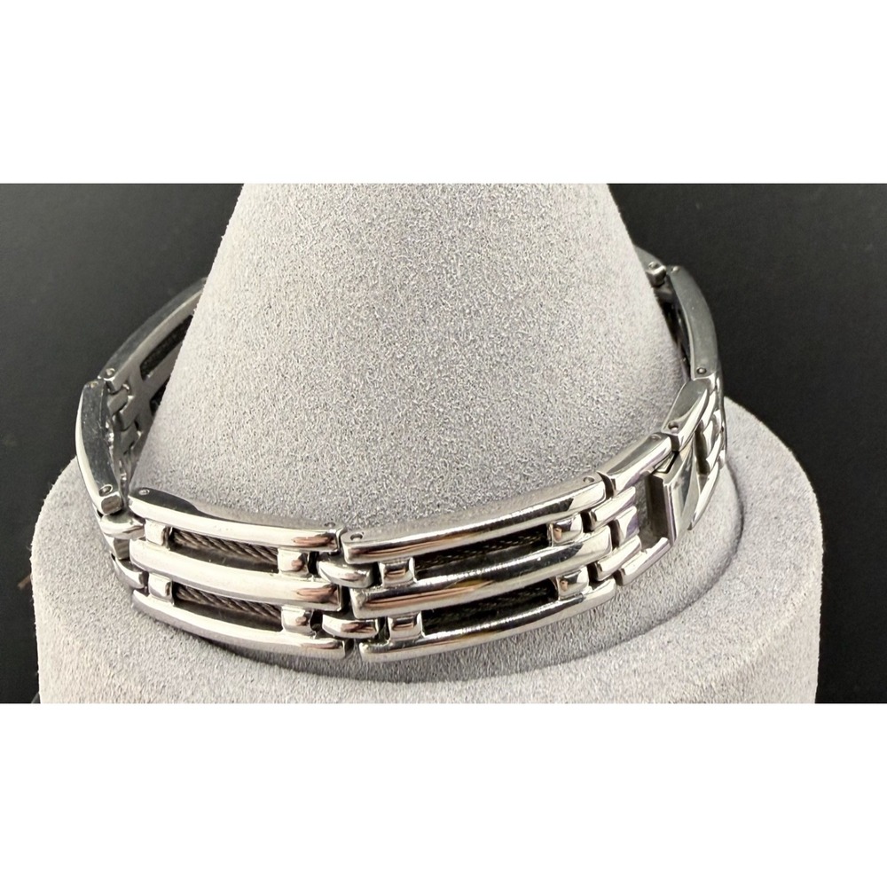 Vintage Estate Bracelet Silver Stainless Steel Cable Inlay Link 8.5"